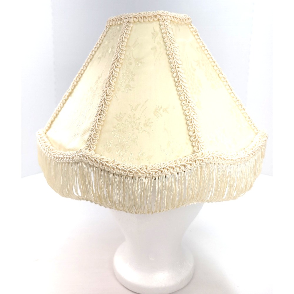 Vtg Victorian Brocade Wired Lampshade Creme Floral Fringe Scalloped Edge 10.75"